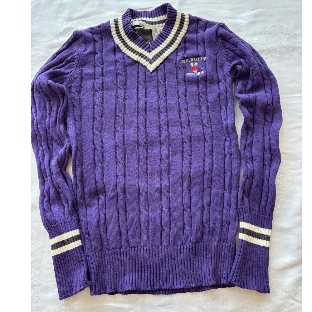 Renu‎ Bruzen UVIC Purple Cable Knit V Neck Sweater Sz M womens collegiate preppy